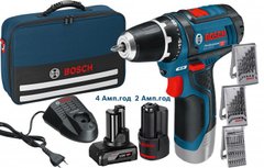 Акумуляторний шурупокрут Bosch Professional GSR12V-15 в сумці з 2 акб 12V (2Ah+4Ah) та з/п GAL 12V-20, з набором 7 свердел по дереву, набором 7 свердел по металу та набором 25 насадок