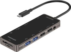 USB-C хаб 11-в-1 Promate PrimeHub-Pro USB-C PD/HDMI/VGA/2xUSB 3.0/2xUSB 2.0/RJ45/SD/MicroSD/AUX 3.5 мм Grey