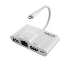 Адаптер Promate MediaSync-LT Lightning to USB 3.0 OTG/RJ45/HDMI/10Вт Lightning-in White (mediasync-lt.white)