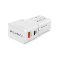 Мережевий зарядний пристрій Promate TriPlug-PD20 USB-C PD+USB-A QC і EU/US/UK/AUS штекер White (triplug-pd20.white)