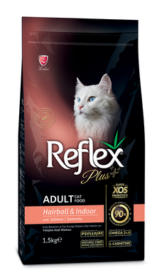 Повноцінний та збалансований сухий корм для котів, які живуть у приміщені та виведення шерсті з лососем Reflex Plus 1,5 кг