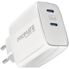 Мережевий зарядний пристрій Promate PowerPort-65 Вт, 2хUSB-C Power Delivery White