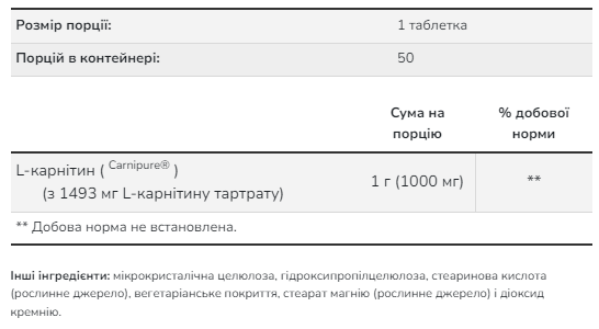 L-Carnitine 1000 mg - 50 tabs