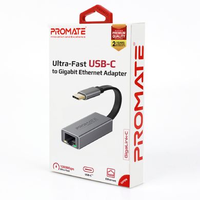 Перехідник Promate GigaLink-C USB Type-C/Ethernet 1Гбіт/с Grey (gigalink-c.grey)