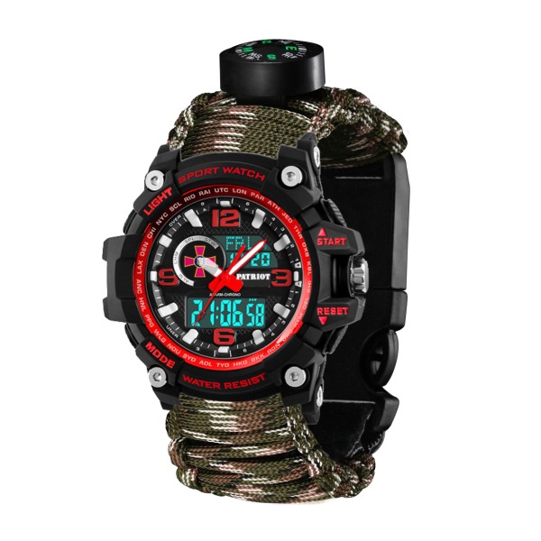 Часы наручные Patriot 012BKRDSU ЗСУ Чорні з червоним Паракордовий ремінець Camo Green + Коробка
