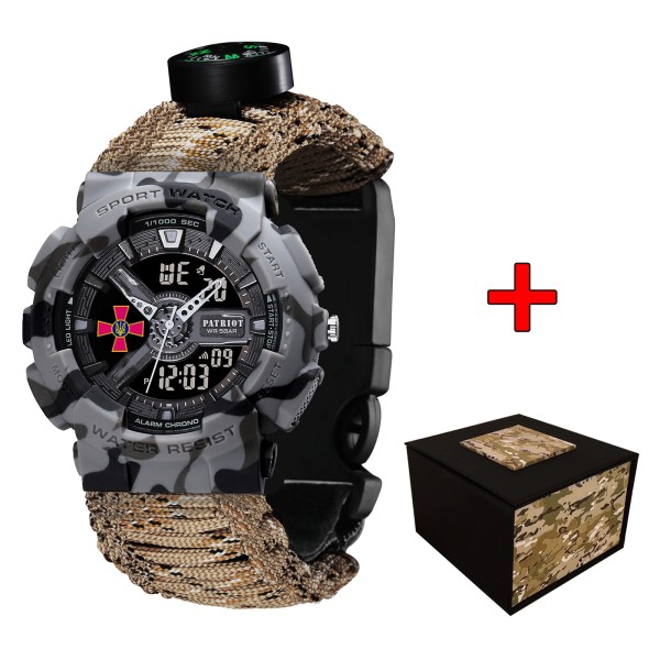 Часы наручные Patriot 005CMGYSU ЗСУ Сірий камуфляж Паракордовий ремінець Desert Camo + Коробка