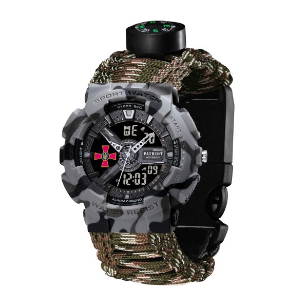 Годинник наручний Patriot 005CMGYSU ЗСУ Сірий камуфляж Паракордовий ремінець Camo Green + Коробка.