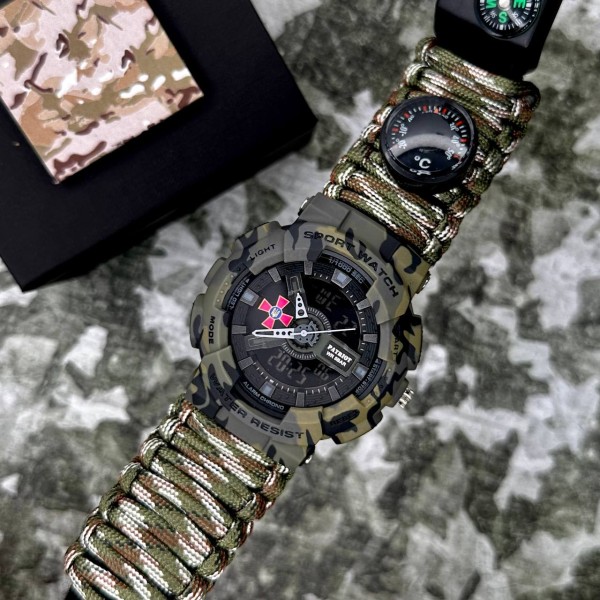 Годинник наручний Patriot 005CMGRSU ЗСУ Зелений камуфляж Паракордовий ремінець Camo Green + Коробка.
