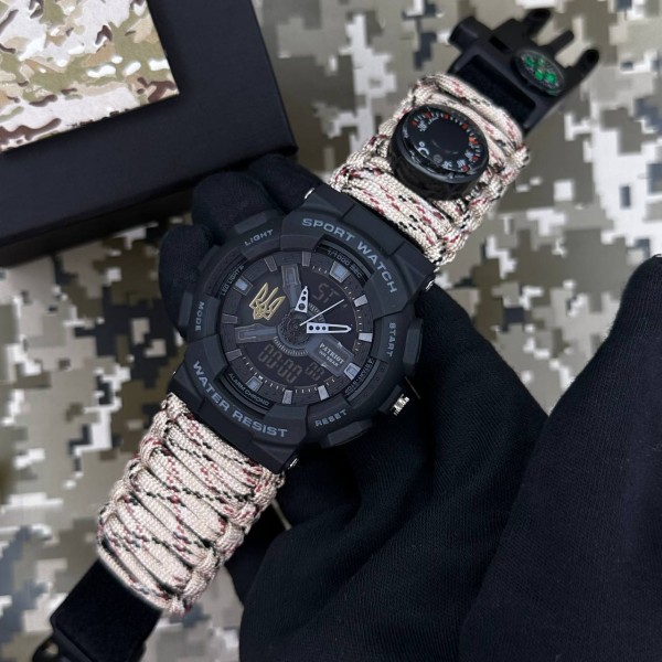 Patriot 005 Тризуб золото Чорний Паракордовий ремінець Desert Camo + Коробка