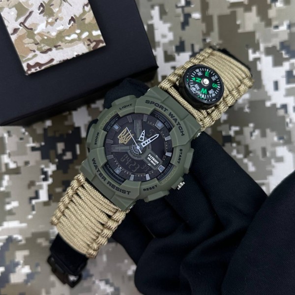 Patriot 005 Тризуб золото Чорний Паракордовий ремінець Desert Camo + Коробка
