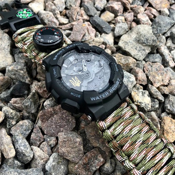 Patriot 005 Тризуб золото Чорний Паракордовий ремінець Camo Green + Коробка