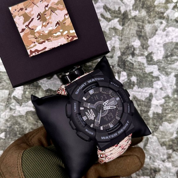 Patriot 005 Тризуб срібло Чорний Паракордовий ремінець Desert Camo + Коробка