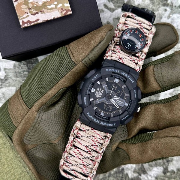 Patriot 005 Тризуб срібло Чорний Паракордовий ремінець Desert Camo + Коробка