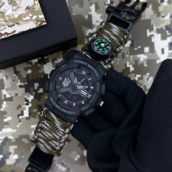 Patriot 005 Тризуб срібло Чорний Паракордовий ремінець Camo Green + Коробка.