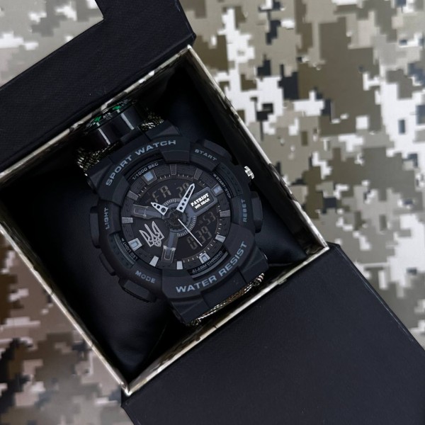 Patriot 005 Тризуб срібло Чорний Паракордовий ремінець Camo Green + Коробка.