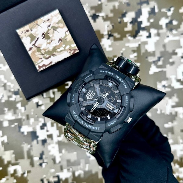 Patriot 005 Тризуб срібло Чорний Паракордовий ремінець Camo Green + Коробка.