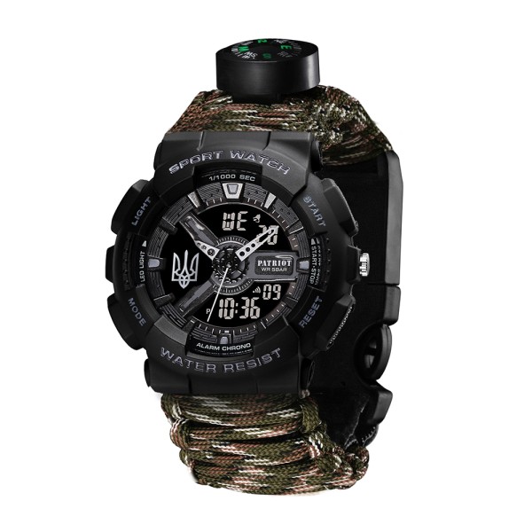 Patriot 005 Тризуб срібло Чорний Паракордовий ремінець Camo Green + Коробка.
