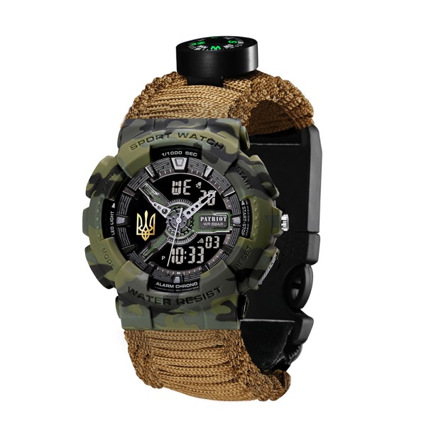 Patriot 005 Тризуб золото Camo Green Паракордовий ремінець Khaki + Коробка.