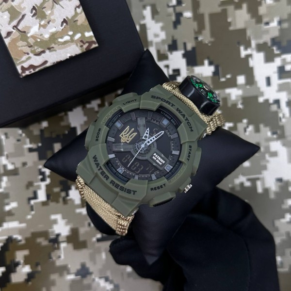 Patriot 005 Тризуб золото Army Green Паракордовий ремінець Khaki + Коробка.