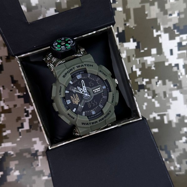 Годинник наручний Patriot 005 Тризуб золото Army Green Паракордовий ремінець Camo Green + Коробка.