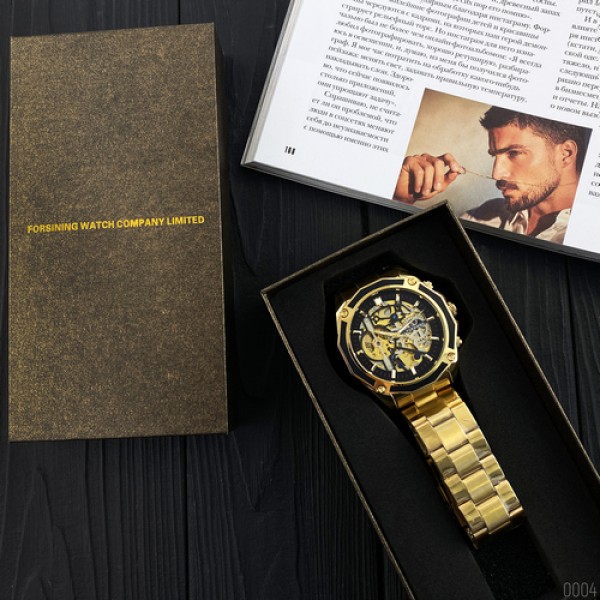 Годинник наручний Forsining 8130 Gold-Black