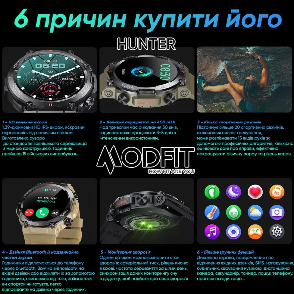 Смарт-годинник Modfit Hunter All Black 36 мм.