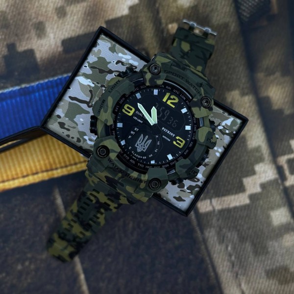 Часы наручные Patriot 004CMGRUASI Тризуб срібло Зелений камуфляж + Коробка.