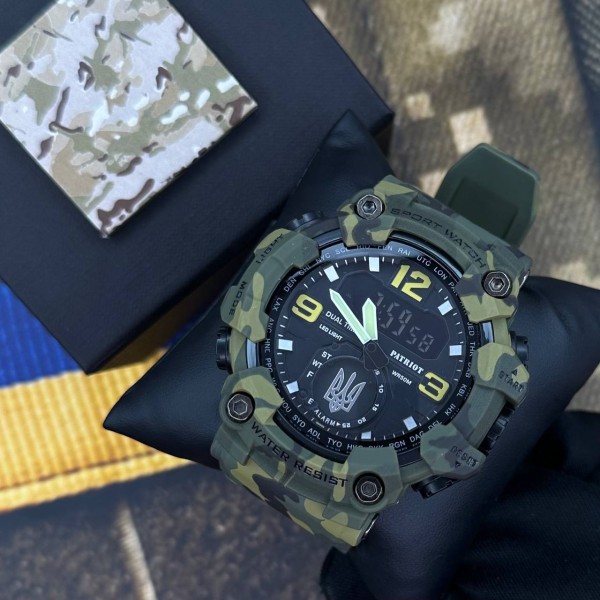 Часы наручные Patriot 004CMGRUASI Тризуб срібло Зелений камуфляж + Коробка.