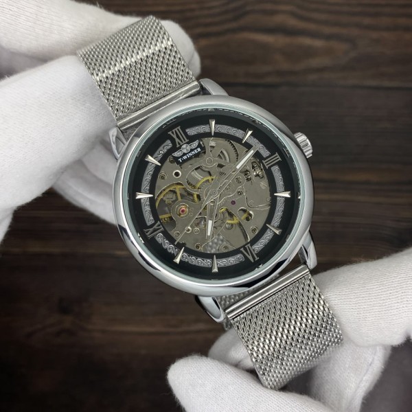 Годинник наручний Forsining 8173 All Black-Silver Leather