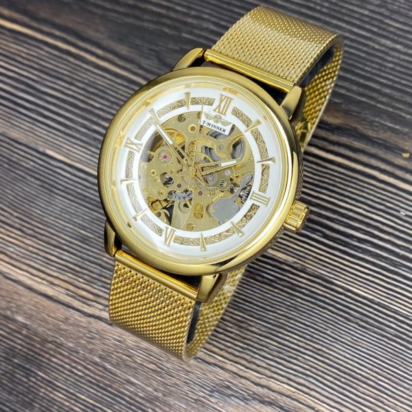 Годинник наручний Forsining 8173 Gold-White Mesh