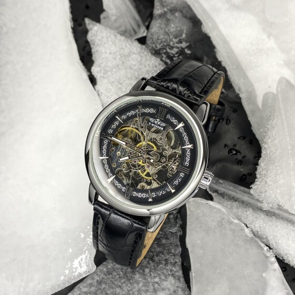 Годинник наручний Forsining 8173 All Black-Gold Leather