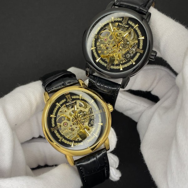 Годинник наручний Forsining 8173 All Black-Gold Leather