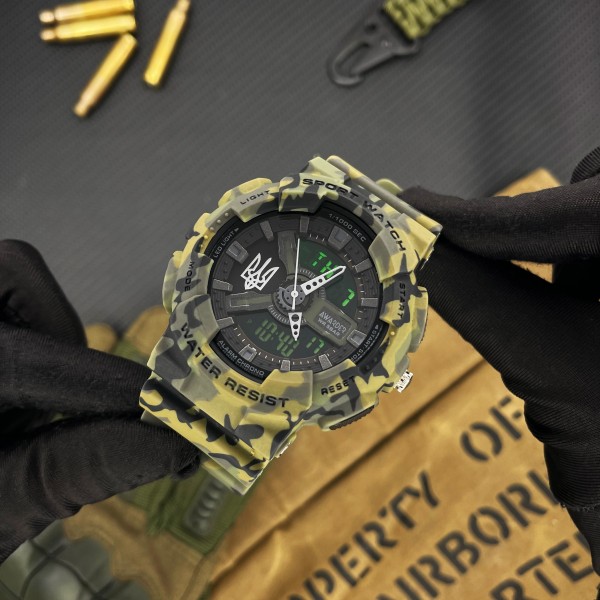 Часы наручные Awarder 005 Тризуб срібло Camo Green