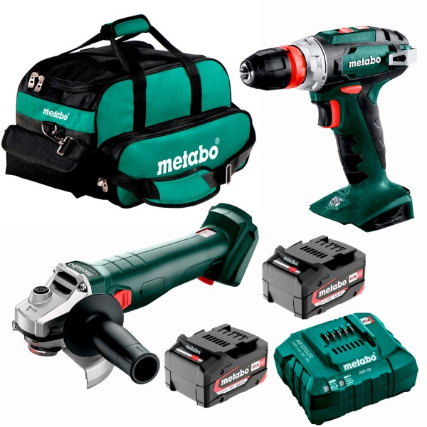Набор аккумуляторных инструментов Metabo: болгарка W 18 7-125, дрель-шуруповерт BS 18 Quick, 2 акб 18V 4 Ah, з/у ASC 55 в сумке