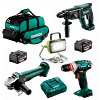 Набор аккумуляторных инструментов Metabo: болгарка W 18 7-125, дрель-шуруповерт BS 18 Quick, перфоратор KH 18 LTX 24, прожектор BSA 14.4-18 LED, 2 акб 18V 4 Ah, з/у ASC 55 в сумке