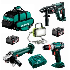 Набор аккумуляторных инструментов Metabo: болгарка W 18 7-125, дрель-шуруповерт BS 18 Quick, перфоратор KH 18 LTX 24, прожектор BSA 14.4-18 LED, 2 акб 18V 4 Ah, з/у ASC 55 в сумке