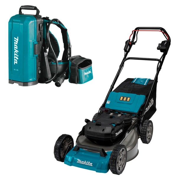Акумуляторна газонокосарка Makita LM001C з рюкзаком для акумуляторів PDC01, 4 акб BL1850B LXT 18V 5.0 Ah, з/п DC18RD