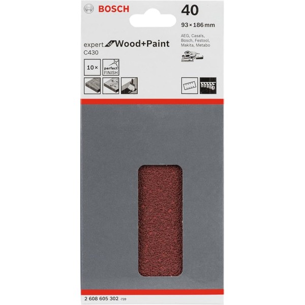 Шлифлист Bosch Expert for Wood and Paint C430, 93x186 мм, K40, 10 шт