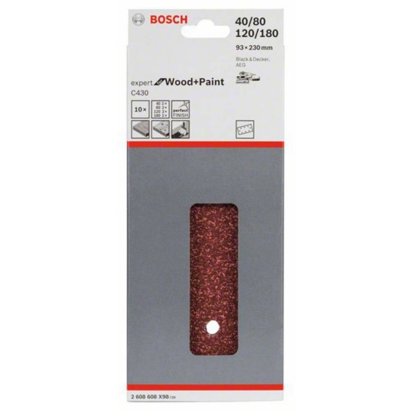 Шлифлист Bosch Expert for Wood and Paint C430, 93x230 мм, K40, 80, 120, 180, 10 шт
