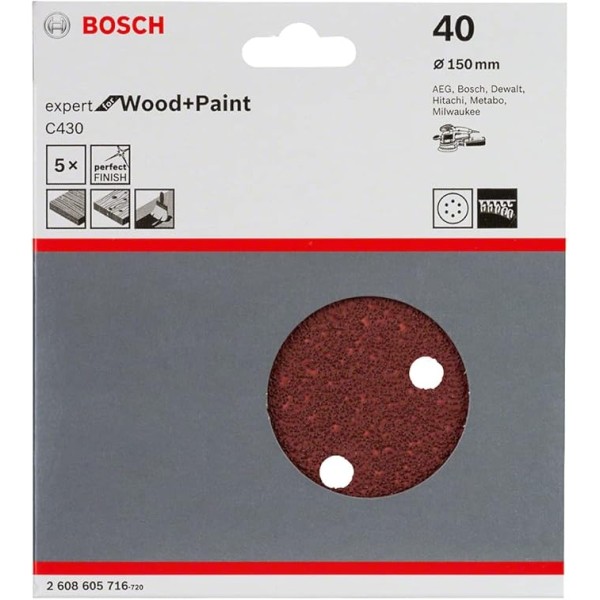 Шлифовальный диск Bosch Expert for Wood and Paint C430, 150 мм, K40, 5 шт