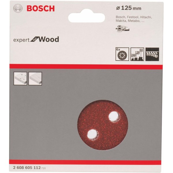Шлифовальный диск Bosch Expert for Wood, 125 мм, K60/120/240, 6 шт