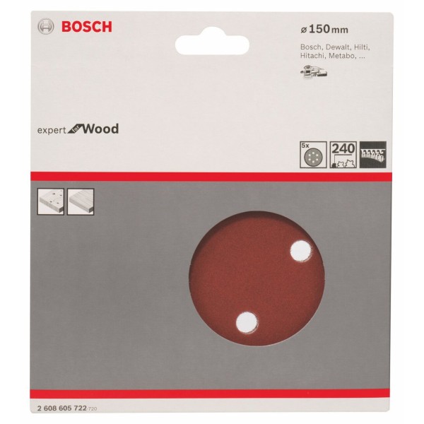 Шлифовальный диск Bosch Expert for Wood, 150 мм, K240, 5 шт
