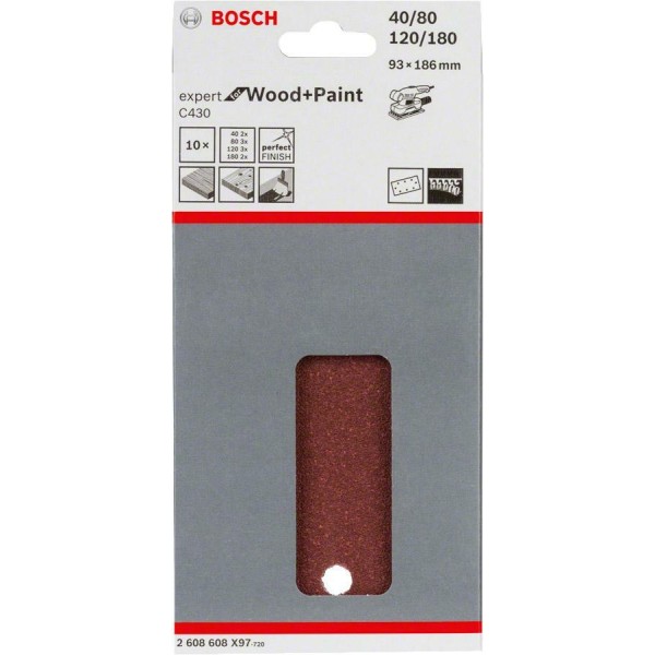 Набор шлифлистов Bosch Expert for Wood and Paint C430, 93x186 мм, К40/80/120/180, 10 шт