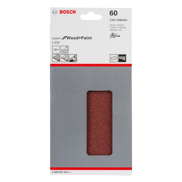 Шлифлист Bosch Expert for Wood and Paint C430, 115х230 мм, K60, 10 шт