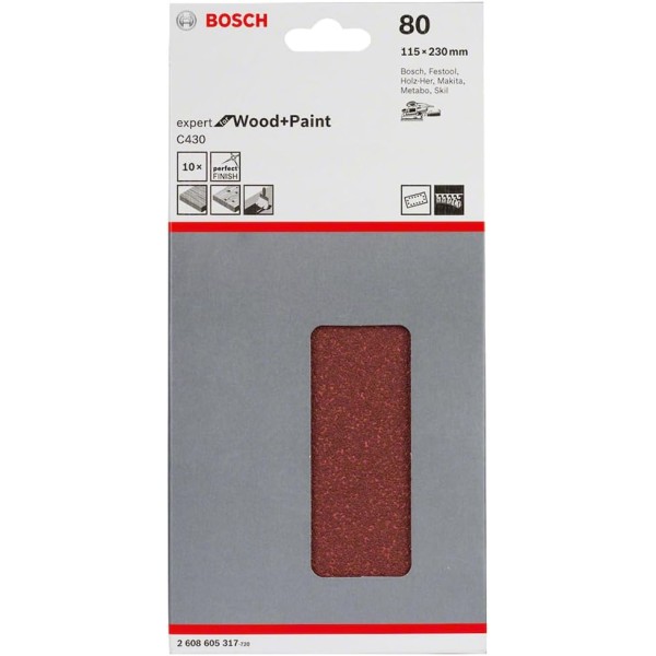 Шлифлист Bosch Expert for Wood and Paint C430, 115х230 мм, K80, 10 шт