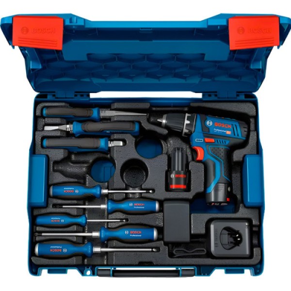 Аккумуляторная дрель-шуруповерт Bosch GSR 12V-15 с 2 акб GBA 12V 2.0Ah, з/у GAL 12V-20 и набор инструментов, в кейсе