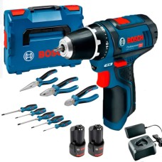 Аккумуляторная дрель-шуруповерт Bosch GSR 12V-15 с 2 акб GBA 12V 2.0Ah, з/у GAL 12V-20 и набор инструментов, в кейсе