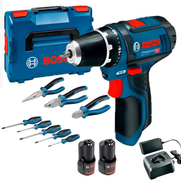 Аккумуляторная дрель-шуруповерт Bosch GSR 12V-15 с 2 акб GBA 12V 2.0Ah, з/у GAL 12V-20 и набор инструментов, в кейсе