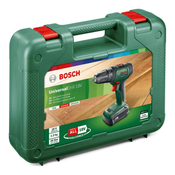 Аккумуляторная дрель-шуруповерт Bosch UniversalDrill 18V с 1 акб PBA 18V 1.5Ah W-A и з/у AL 1810 CV в кейсе