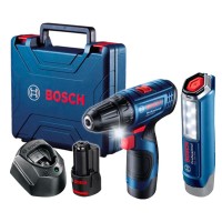 Акумуляторний дриль-шурупокрут Bosch Professional GSR 120-LI з ліхтарем GLI 12V-300 в чемодані з 2 акб GBA 12V 2 Ah та з/п GAL 1210 CV